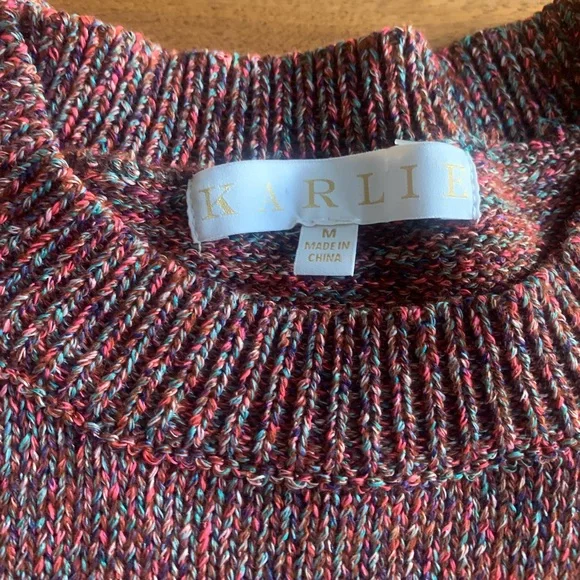 Gorgeous Women's Red Pink Multi Sweater with Puff Sleeves - Picture 2 of 2